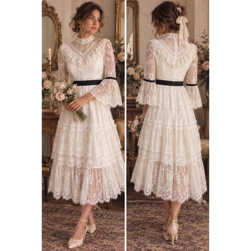New Few Moda XS White Lace Midi Dress Black Trim Tier Ruffle Romantic Victorian